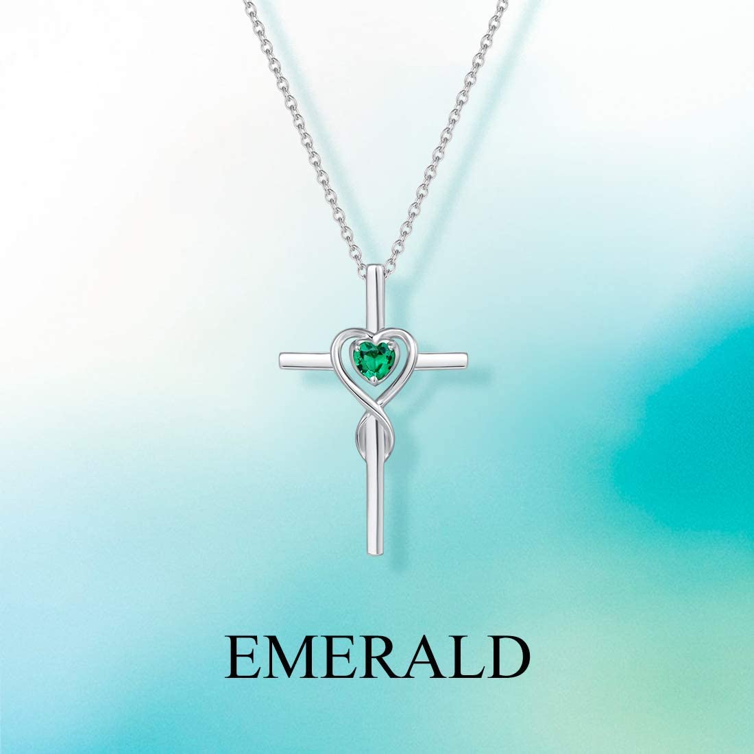 FANCIME Emerald Cross Necklace For Women Sterling Silver Birthstone Necklace Emerald Infinity Heart Cross Pendant May Birthstone Jewelry Gifts for Women