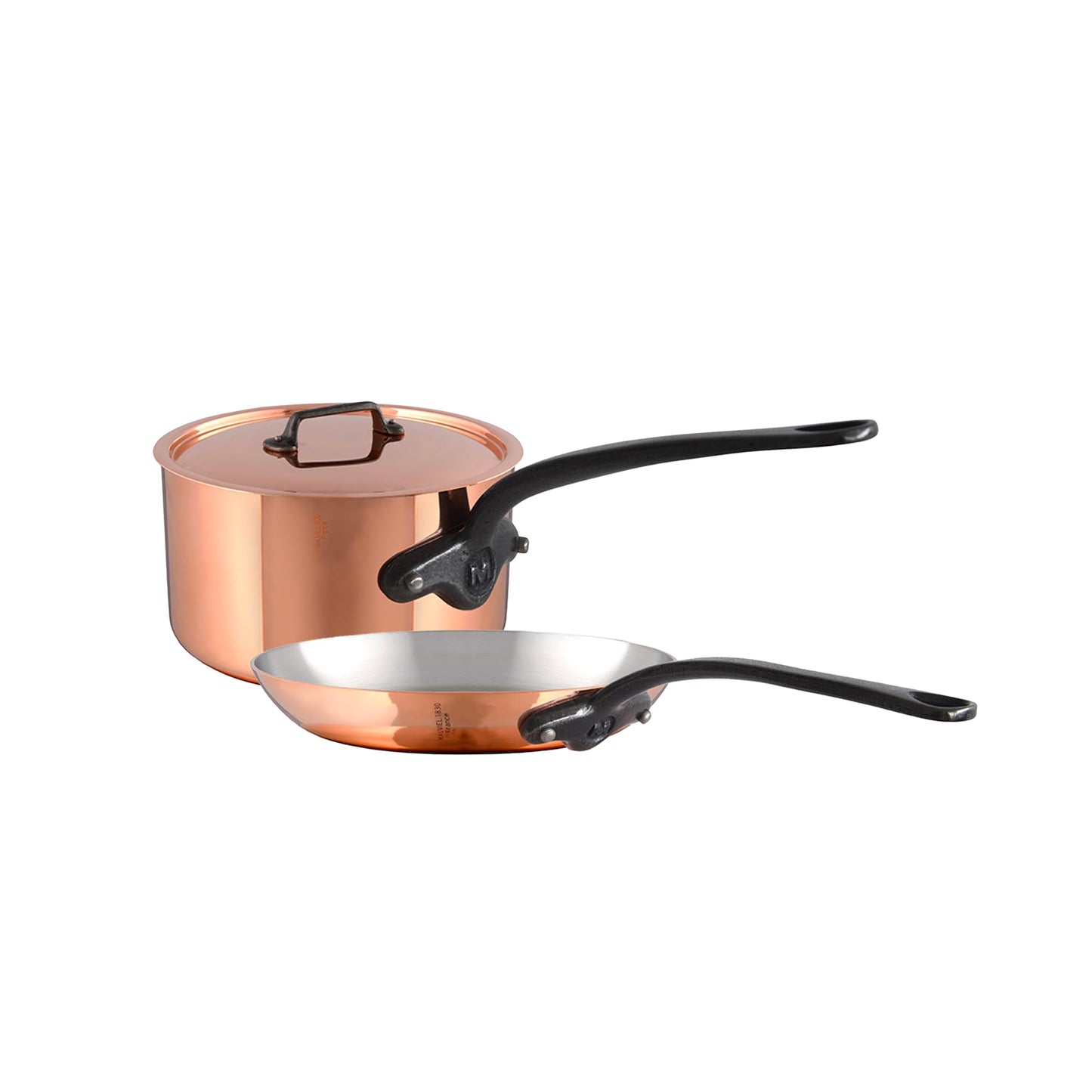 Mauviel M'Heritage 150 CI 1.5mm Polished Copper & Stainless Steel DeLuxe 3-Piece Cookware Set, With Sauce Pan With Lid, 2.8-Qt and Frying Pan 11.8-In, Cast Iron Handles, Made in France