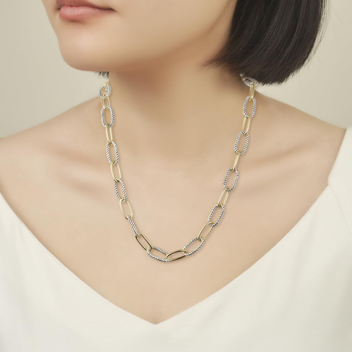 UNY JEWEL Twisted Cable Wire Paper Clips Link Chain Necklace Two Tone Designer Brand Inspired Look Alike Women Jewelry Valentine Christmas Gift Two Tone