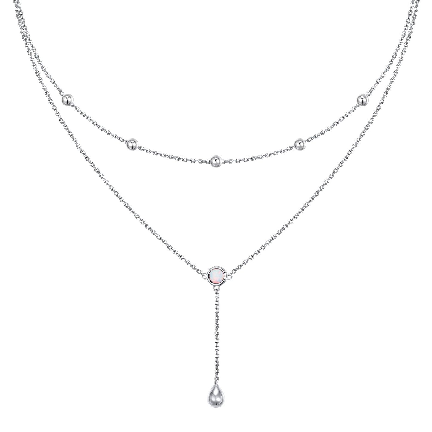 FLYOW S925 Sterling Silver Double Layered Necklace Teardrop White Opal Choker Y Lariat Necklace Mothers Day Birthday Gifts for Women Wife Fiancée