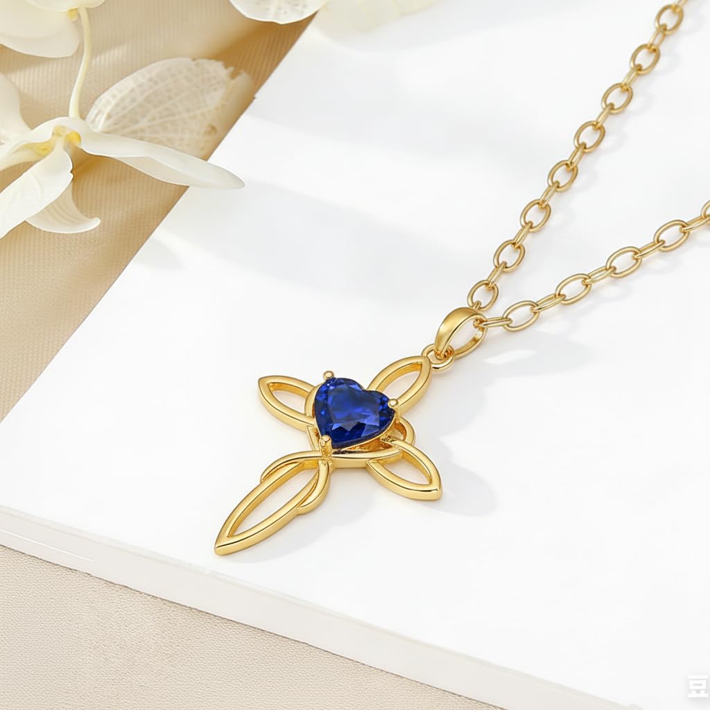 POIUY 14K Gold Celtic Knot Cross Birthstone Necklace for Women Irish Infinity Baptism Faith Heart Pendant Cross Jewelry Anniversary Valentines Birthday Mothers Day Gifts for Mom Wife Her