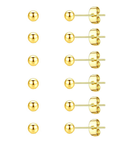 6 Pairs 3mm Gold Ball Stud Earrings for Women Men, Hypoallergenic Stainless Steel Tiny Stud Earrings Set, 20G Small Round Earrings for Multiple Piercings Cartilage Earlobe