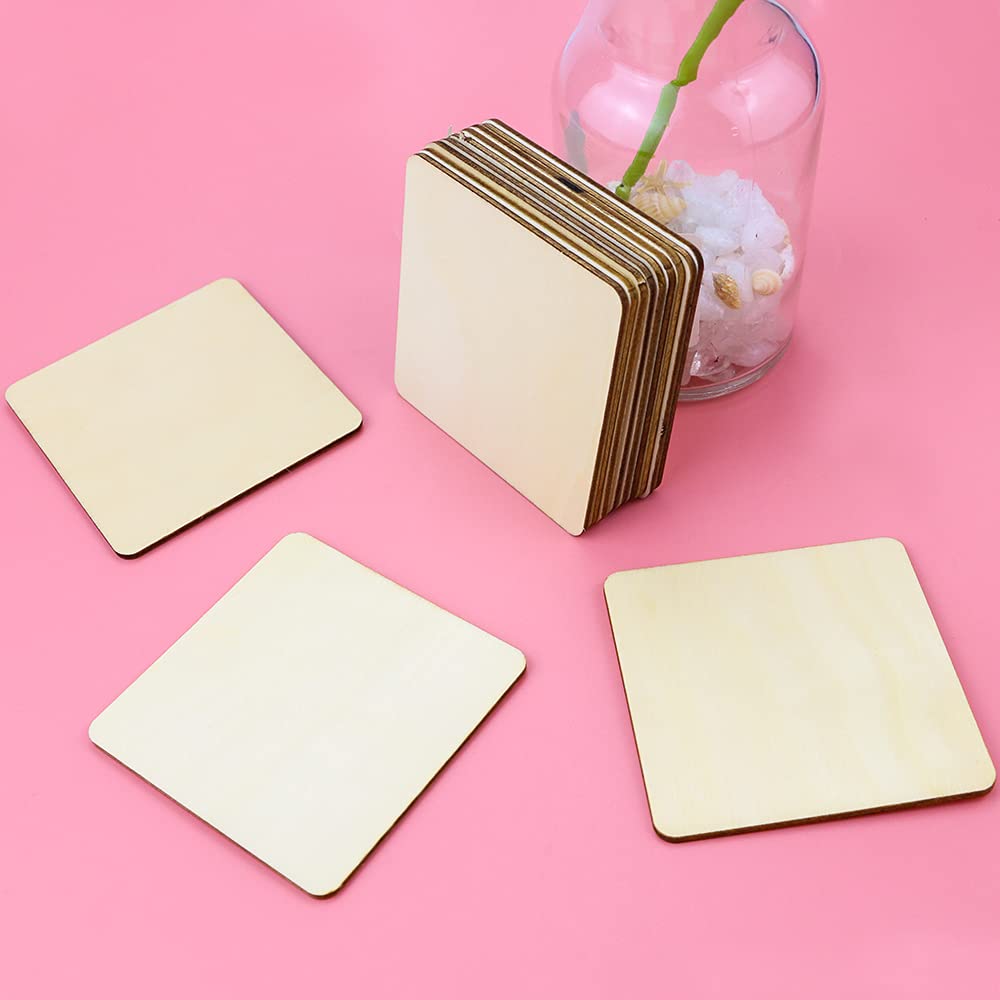 TKOnline 100Pcs Unfinished Wood Pieces, 3 x 3 Inch Blank Natural Wood Square Wooden Slices Wooden Board for DIY Crafts, Painting, Coasters, Scrabble Tiles, Decoration