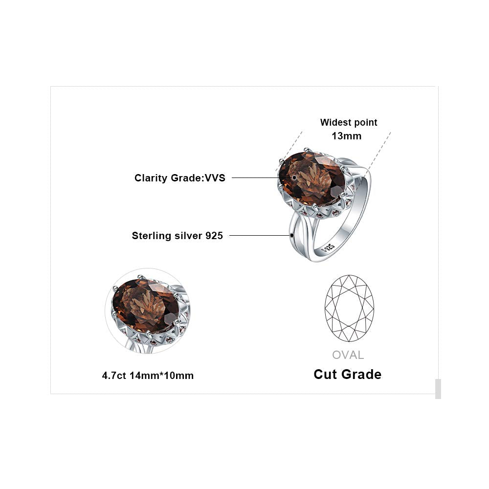 JewelryPalace Huge Oval Shape 5.7ct Genuine Smoky Quartz Cocktail Rings for Her, 14K White Gold Plated 925 Sterling Silver Ring for Women, Natural Gemstone Jewelry Sets Rings 6