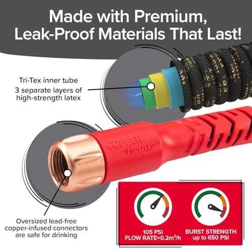 Pocket Hose 100 FT Copper Head Expandable Garden Hose with Pocket Pivot, No Tangles, AS SEEN ON TV, 360° Swivel, Tri-Tex Tubing, Force Field Jacket, Lead-Free, No-Kink, Anti-Burst w/APT