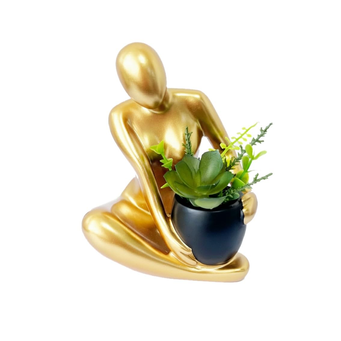 Senea Kay Modern Abstract Statue with Removable Faux Succulents Plants – Resin Figurine Home Decor Accents, Coffee Table Shelf Styling. Collectible Art Luxury Gift Items Woman thinker sculpture (Gold)