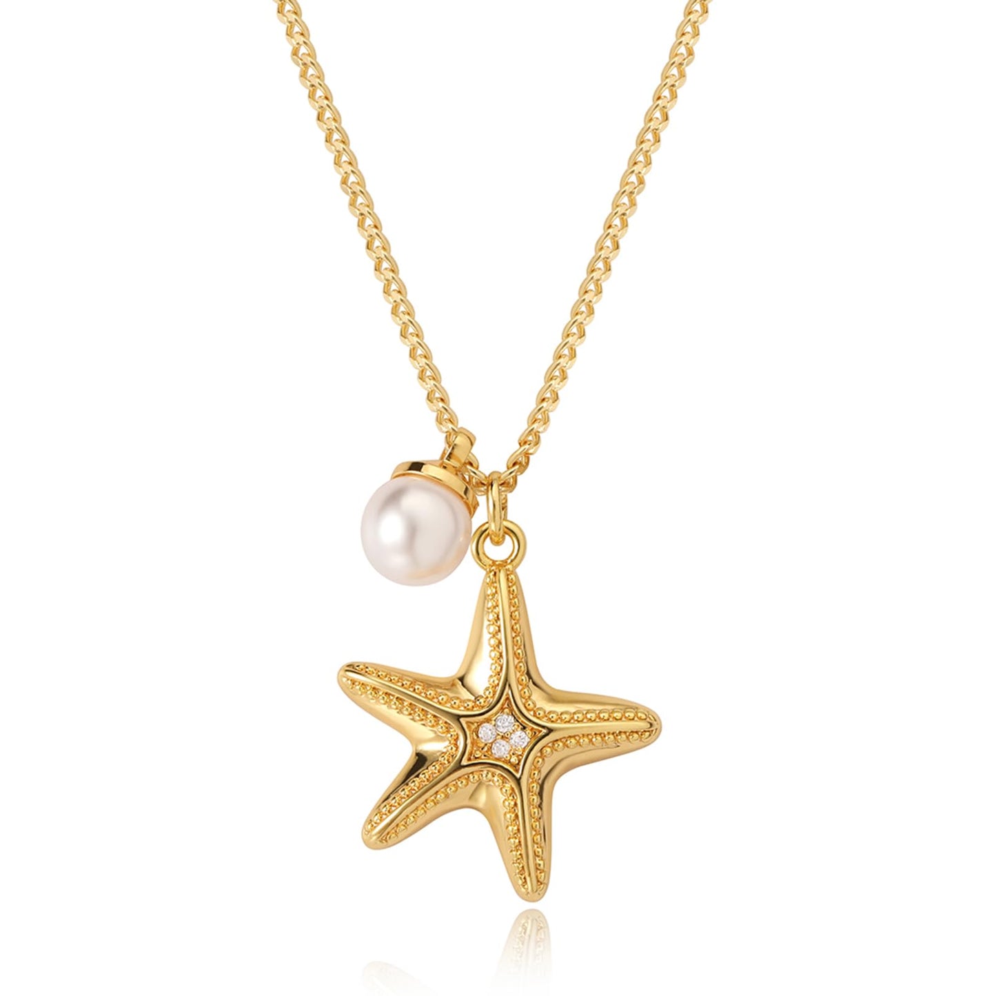 MEVECCO Dainty Gold Starfish Pearl Pendent Necklace for Women 18K Gold Plated Beach Cute Starfish Necklace Pearl Boho Handmade Ocean jewelry