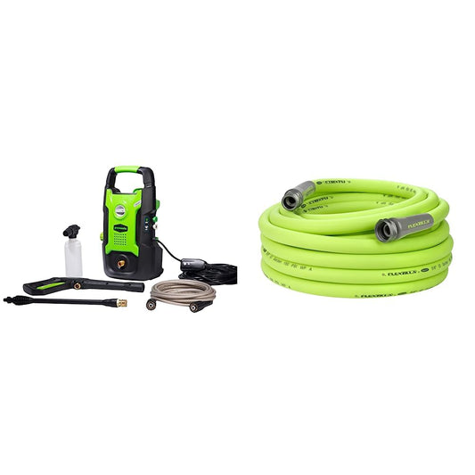 Greenworks 1600 PSI (1.2 GPM) Electric Pressure Washer & Flexzilla Garden Hose 5/8 in. x 50 ft, Heavy Duty, Lightweight, Drinking Water Safe, ZillaGreen - HFZG550YW-E