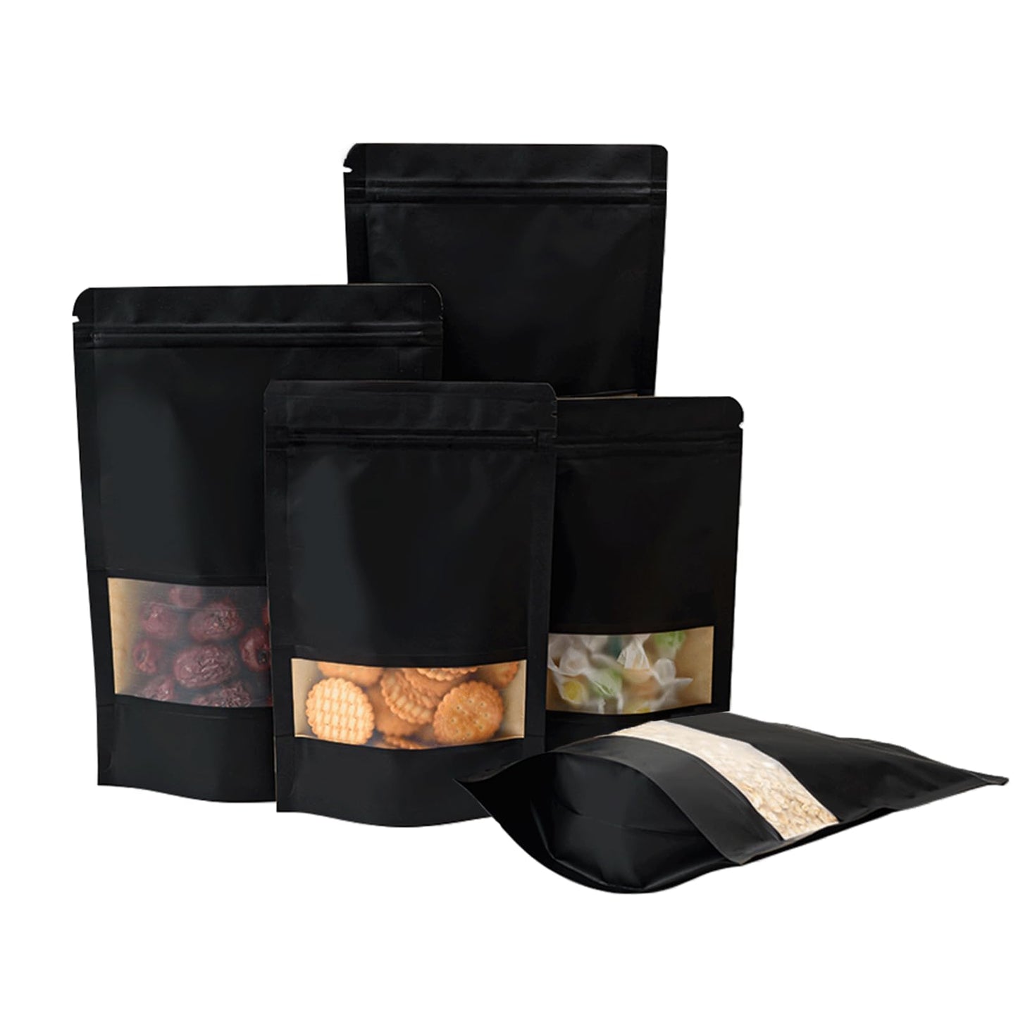 Roppolo 100 Pcs 4 x 6 Inch Stand Up Black Kraft Paper Bags with Matte Window, Resealable Zip Lock Food Storage Bags, Reusable & Heat Sealable for Packaging