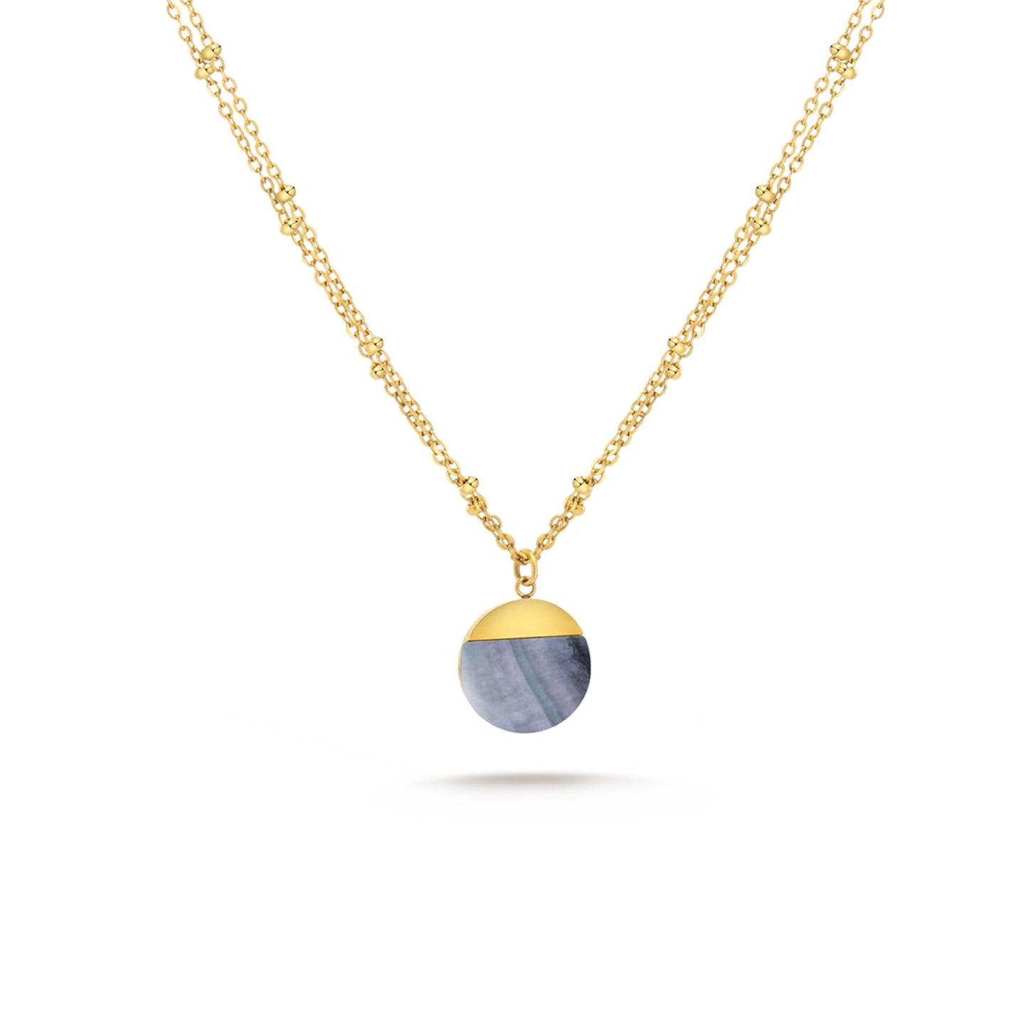 Milan Chiva 14K Gold Plated Grey Mother of Pearl Layered Stacked Necklace for Women, Dainty Trendy Non Tarnish Circle Pendant Charm Necklaces Fashion Jewelry for Women Waterproof MNS-1008GY