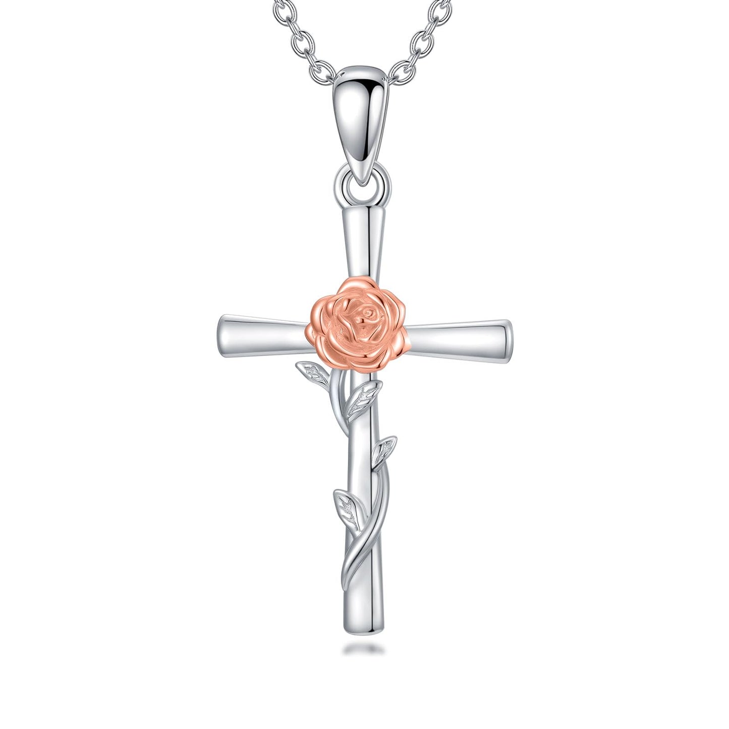 Cargari Rose Necklace for Women 925 Sterling Silver Rose Cross Pendant Birth Flower Cross Jewelry Floral Gifts for Women