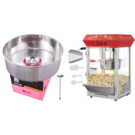 VEVOR Electric Cotton Candy Machine, 1000W Commercial Floss Maker with Stainless Steel Bowl & Commercial Popcorn Machine, 8 Oz Kettle, 850 W Countertop Popcorn Maker for 48 Cups per Batch