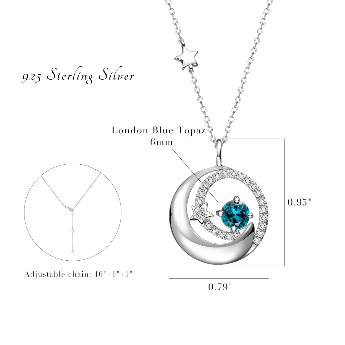 FANCIME London Blue Topaz Necklace with 925 Sterling Silver Moon Star Pendant, November December Birthstone Jewelry Birthday Anniversary Mothers Day Gifts for Women Mom Her, Adjustable Chain 16"+2"