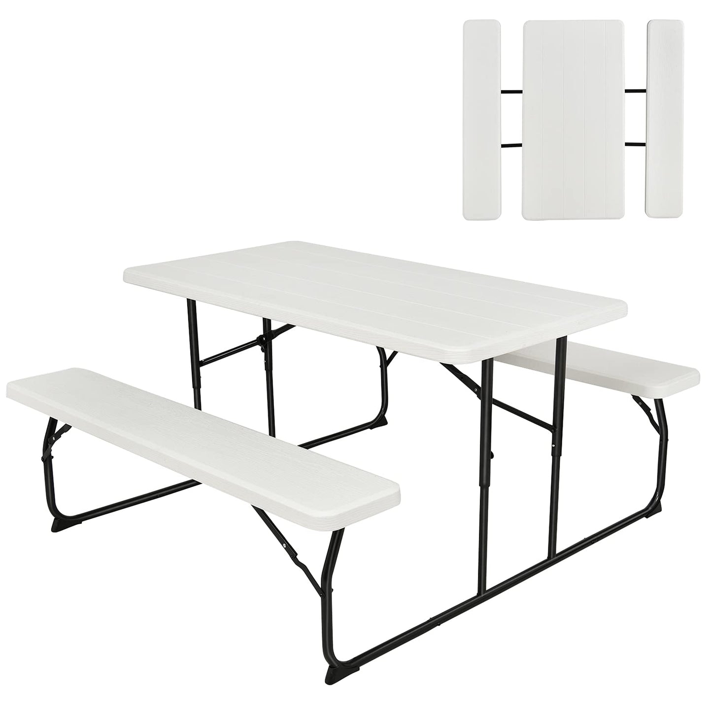 renatone Folding Picnic Table and Bench Set w/Wood Grain for Adults, Indoor & Outdoor Steel Frame Collapsible Camping Table for BBQ, Parties, Camping and Picnic (White)