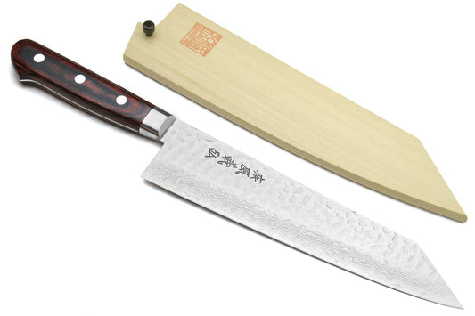 Yoshihiro VG10 Hammered Damascus Kiritsuke Sword Tip Multipurpose Japanese Chef Knife 8.25 inch - Western Style Mahogany Handle (with Magnolia Saya Cover)