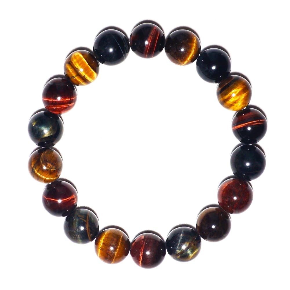 TaHLga Mixed Tigers Eye Mens Bracelet 12MM | Mixed Red Gold Blue | Fits for About 8" XLarge Wrist | Natural Solar Plexus Chakra Gemstones | Bring Luck Wealth Courage | Protection from Evil | Gift