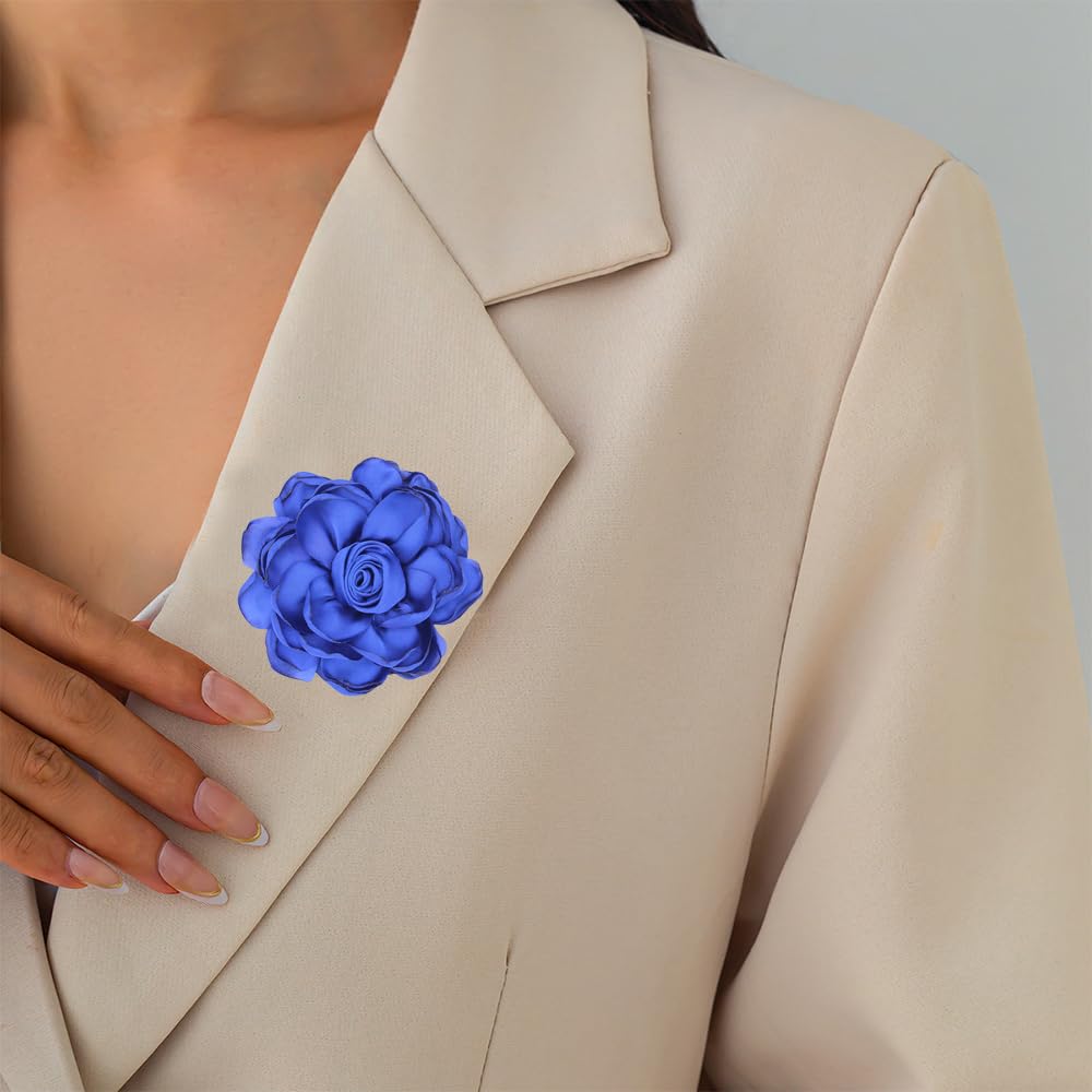 Elegant Large Cloth Flower Brooches Big Camellia Flower Pin for Women Dainty Cloth Fabric Rose Brooches Dress Skirt Scarf Hat Pins Clothing Decoration Accessories (Blue A)