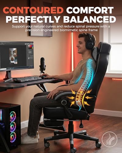 GTPLAYER Gaming Chair with Footrest, Big and Tall Game Chair 350lb Racing Style Computer Chair, Ergonomic Executive Office Chair High Back with Lumbar Support and Recliner, Light Gray