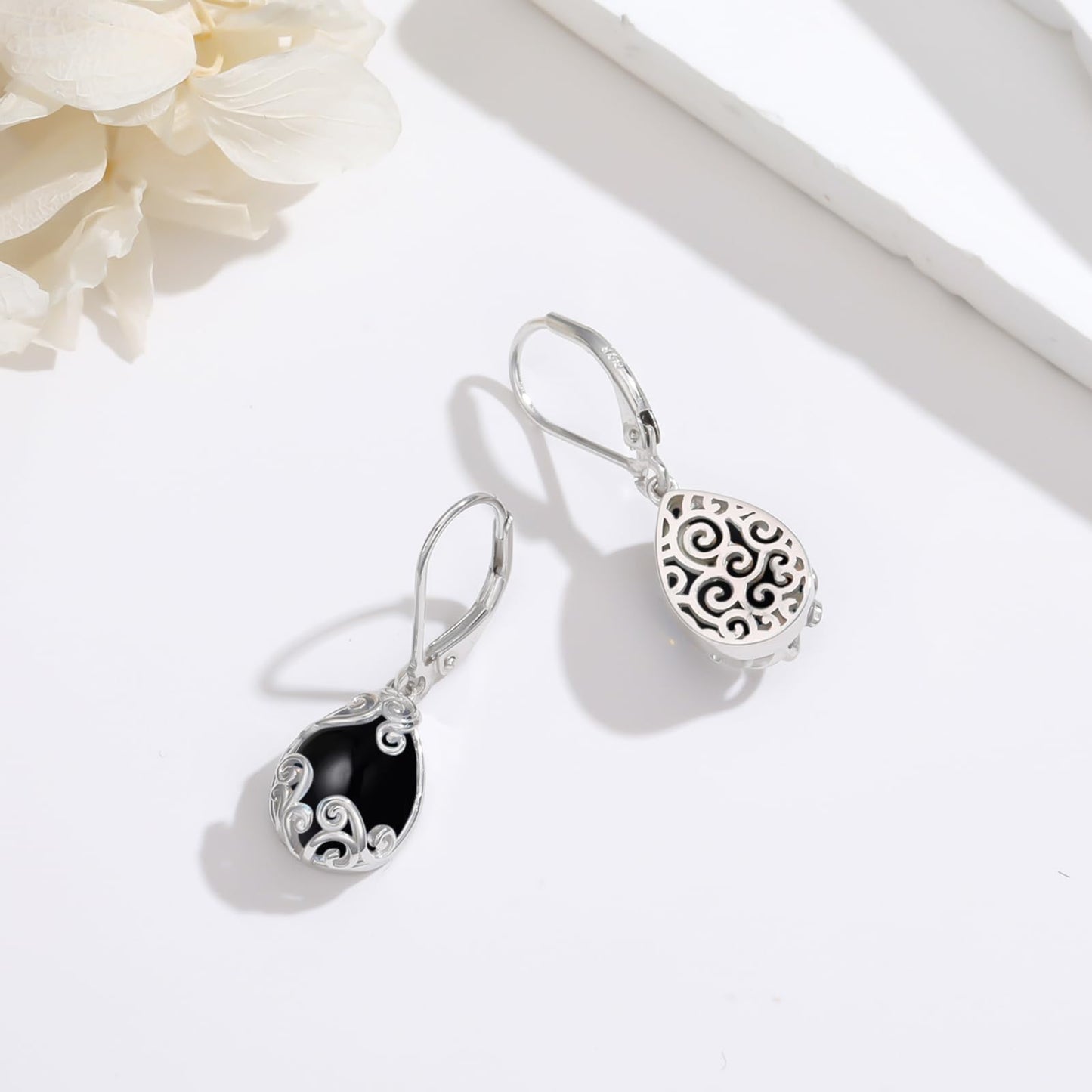 KoyeKei Black Onyx Filigree Leverback Earrings for Women 925 Sterling Silver Black Onyx Teardrop Dangle Drop Earrings Jewelry Filigree Anniversary Graduation Gifts for Sister Her Lover