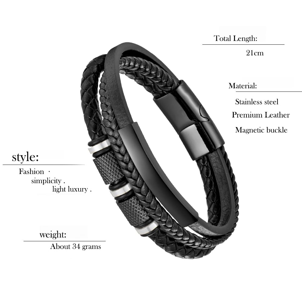 Mens Leather Bracelet, Leather Bracelet For Men, Multi-Layer Braided Leather Mens Bracelet with Stainless Steel Clasp, Perfect or Dad, Husband, Son, Grandson, Nephew, Comes With Gifts Box(Black)