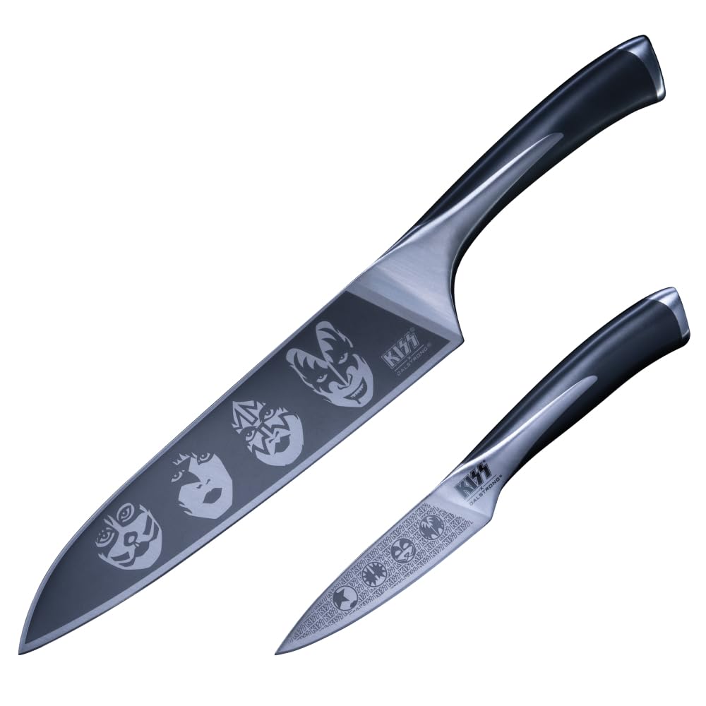 Dalstrong 2 Piece Knife Set - KISS™ Edition Official License - 8 inch Chef Knife + 4 inch Paring Knife - German X50CRMOV15 Stainless Steel - Collector Pin - Premium Leather & Chain Sheaths