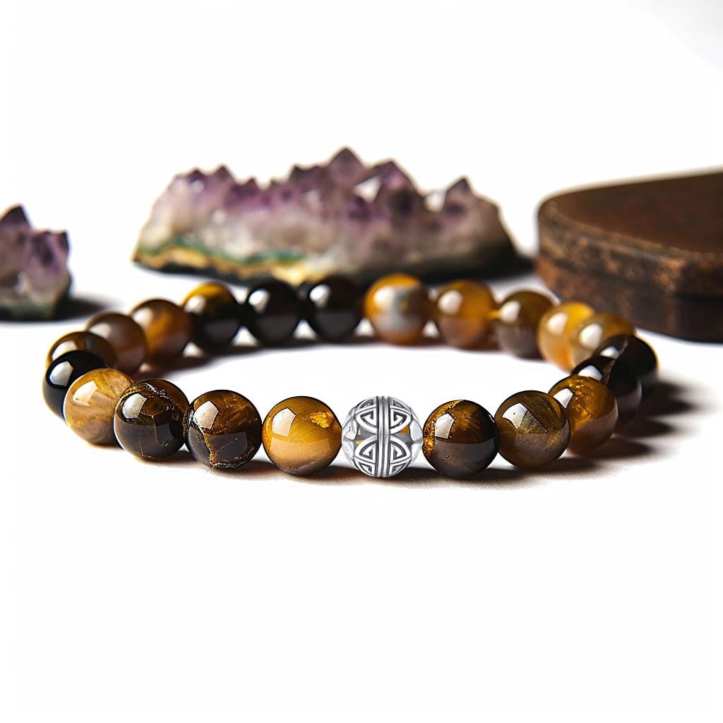 MetJakt Healing Crystals Beaded Bracelets for Womens Natural Gemstone 8mm Beads Stretch Bracelets with 925 Sterling Silver Double Happiness Pendant (Tiger Eye)