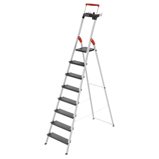HAILO L100 Topline 8-Step Ladder – Aluminum Stepladder with Safety Bar, Tray, Locking Platform, XXL Non-Slip Steps, Hook, Strap, 330 lb Capacity, Max Working Height 146.5", EasyClix Compatible