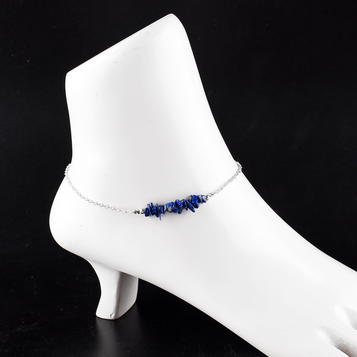 Yanara Lapis Lazuli Anklets Nuggets Ankle Bracelets for Women Natural Birthstone Silver Plated Jewelry in 9” +1.5” inch Chakra Crystals Valentines Day Gifts For Her