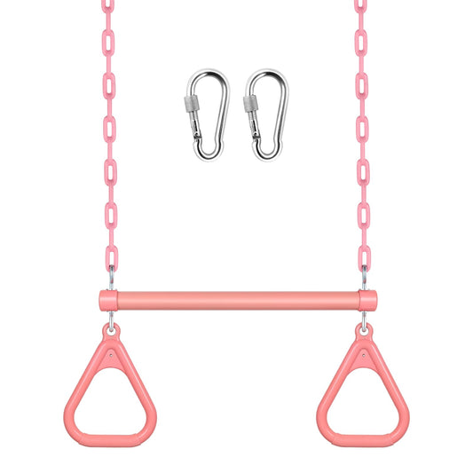 LadyRosian 17" Trapeze Bar Swing Set Gym Rings 47" Heavy Duty Chain Swing Set Accessories with Locking Carabiners Plastic Coated Chains Monkey Bars for Backyard, Playroom (Pink)