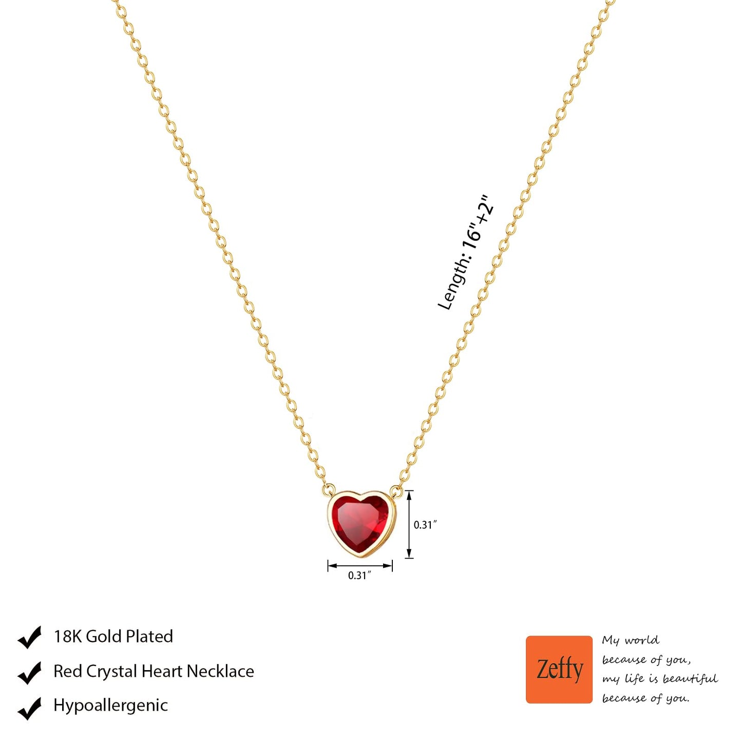 Zeffy Red Heart Necklace for Women, Tiny Red Crystal Heart Love Pendant Choker Necklace Dainty Birthstone Jewelry Anniversary Birthday Valentines Gifts
