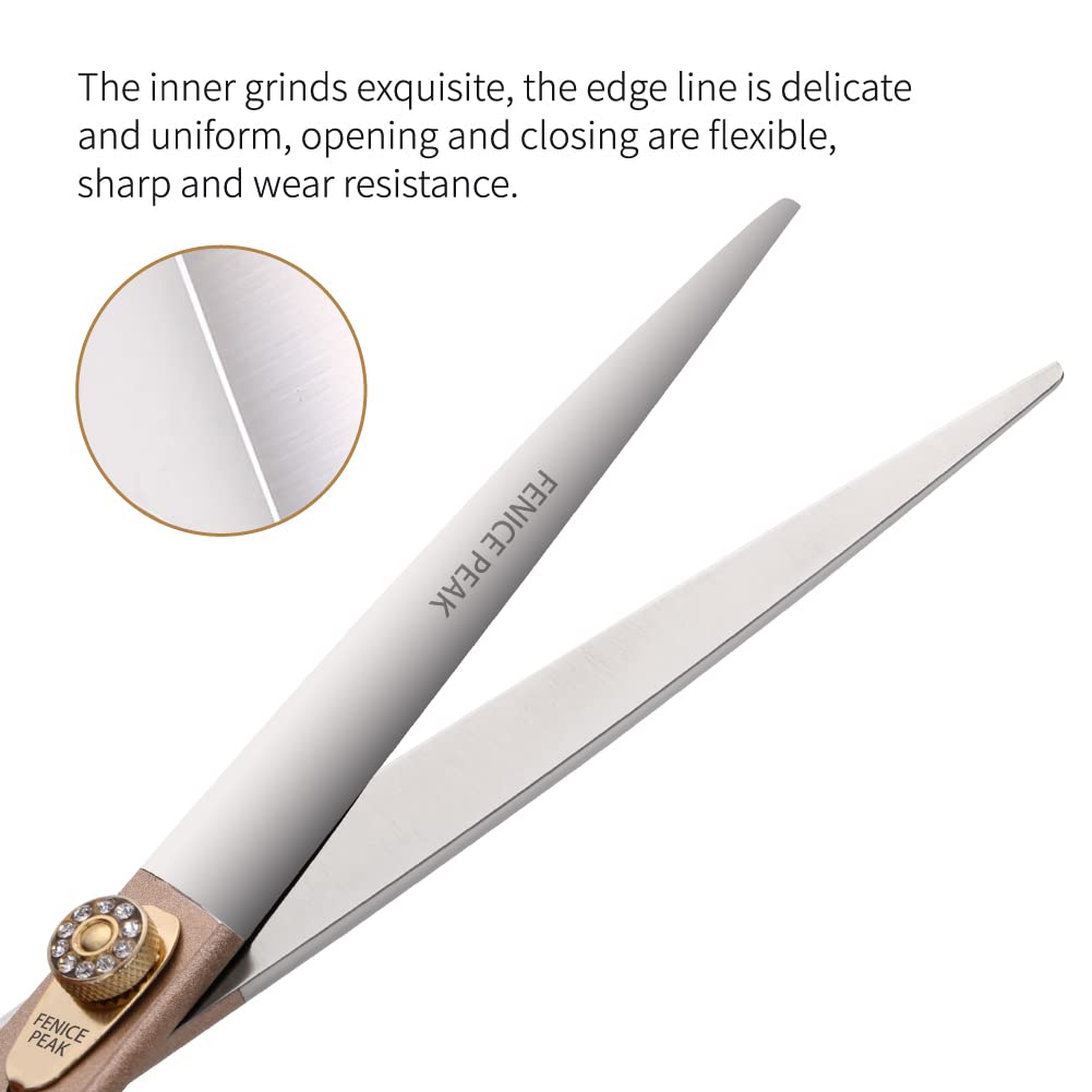 Fenice Peak 7.5‘’ Professional Dog Grooming Scissors Set Rose Gold 440C Stainless Steel Straight Thinning Curved Chunker Shears 4pcs Set for Pet Grooming Services Dogs and Cats