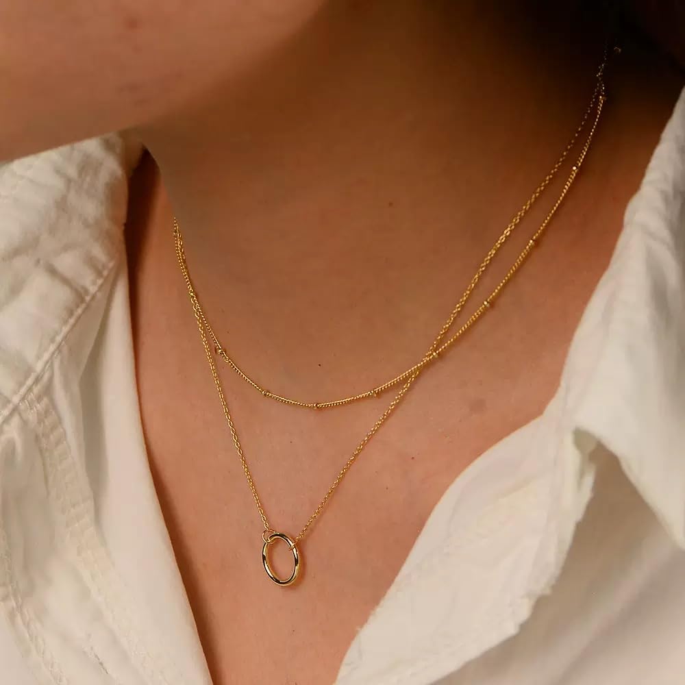JELLYSEE Gold Necklaces for Women - 14K Gold Plated Layering Necklaces Trendy Circle Paperclip Chain Pendant Choker Necklace, Simple Diamond Cross Bow Jewelry Set Gifts for Women