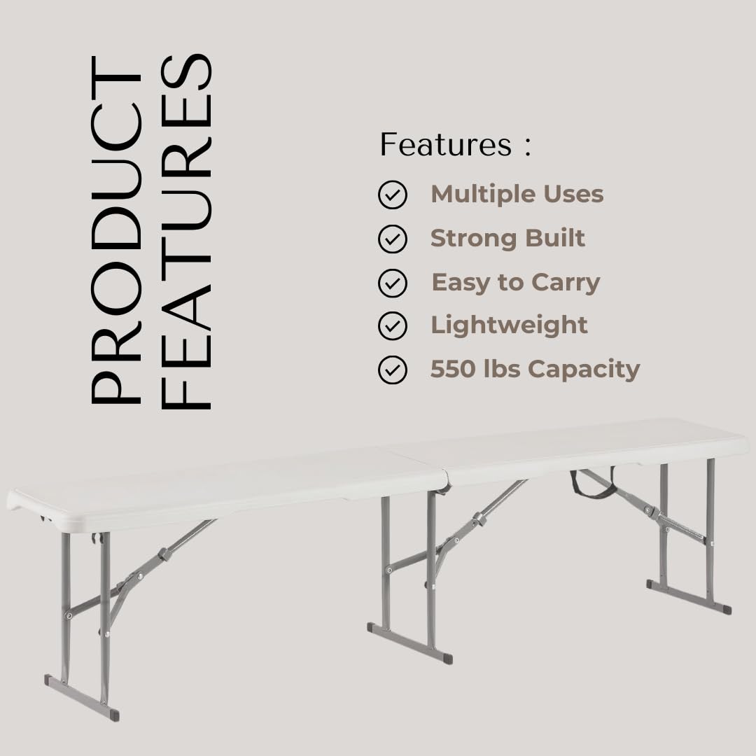 New Home Era Plastic Folding Bench - Portable Bench Used for Indoor, Outdoor, Picnic, Party, Camping, Dining Seat, Garden Soccer Multipurpose Entertaining Activities, White (1, White, 6 Feet)