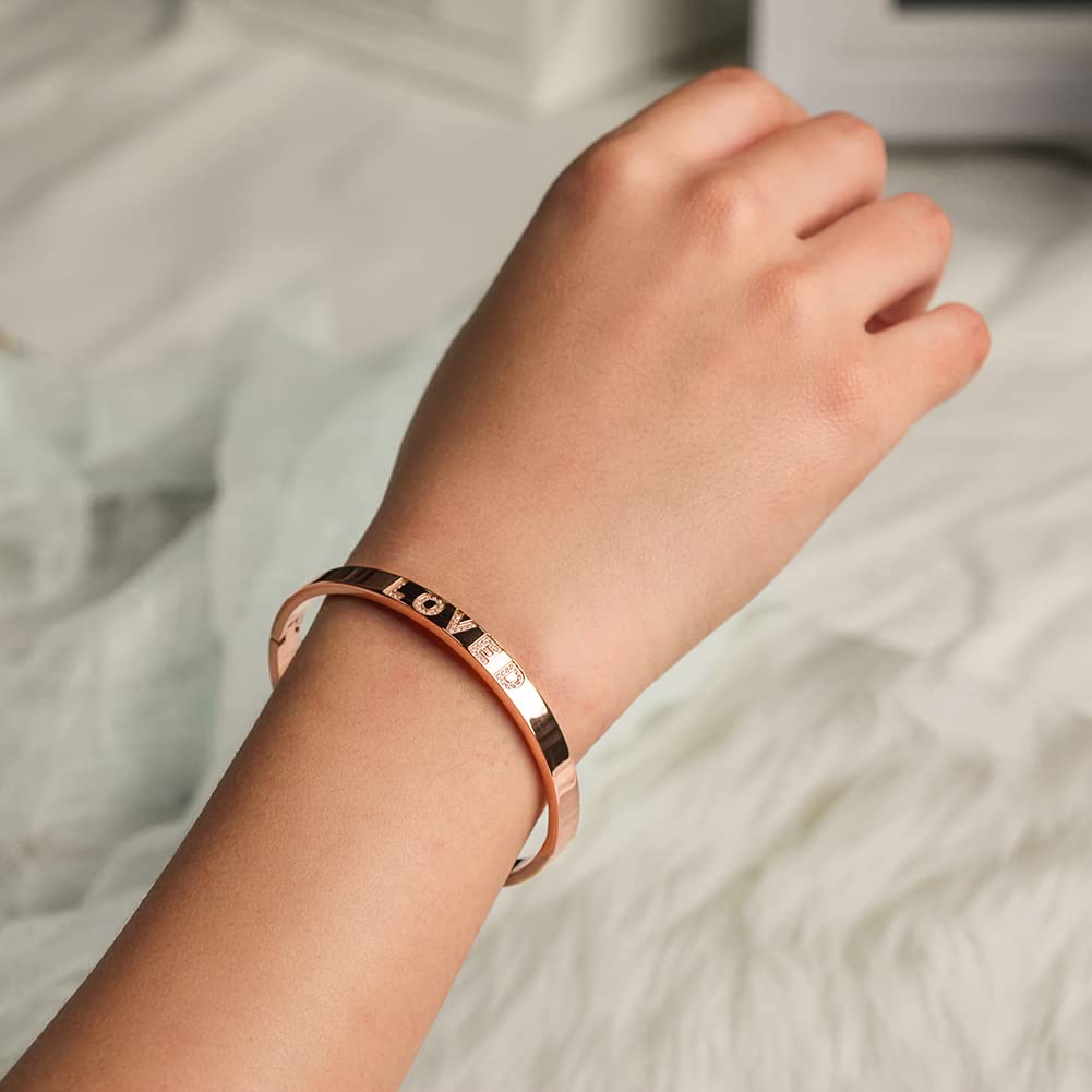 WISTIC Gold Plated Bangle Bracelet for Women, Silver Engraved Letter Cuff Bracelet with CZ, Fits 6.0–7.0 Inch Wrist, 2.4in Inner Dia., Rose Gold Stainless Steel Hinged Bangle Jewelry, LOVED, Rose Gold