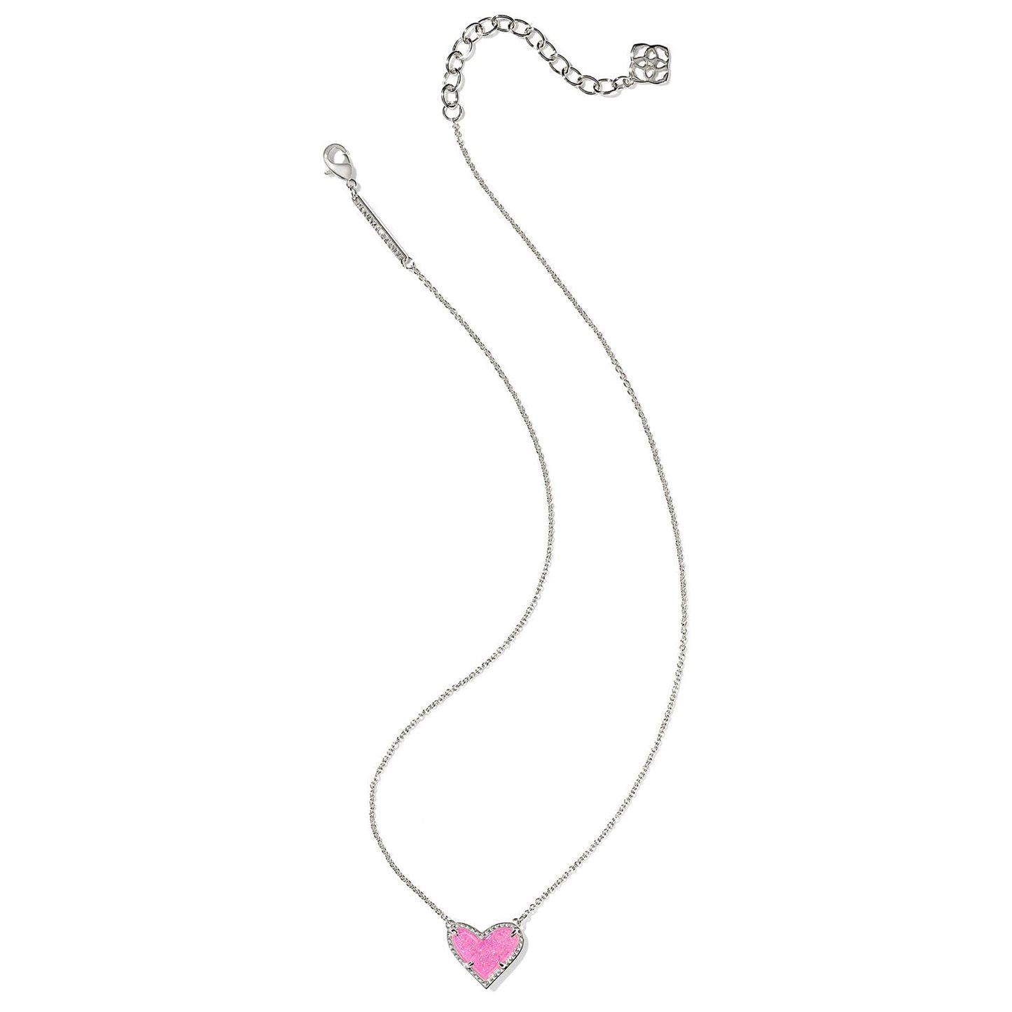Kendra Scott Ari Heart Pendant Necklace, Rhodium-Plated Brass, Fashion Jewelry for Women, Hot Pink Drusy