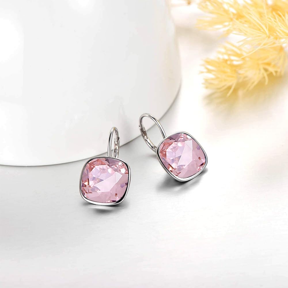 AOBOCO Sterling Silver Leverback Earrings Embellished with Crystals from Austria, Hypoallergenic Cushion Cut Square Crystal Earrings, Fine Anniversary Birthday Jewelry Gifts for Women (Pink)