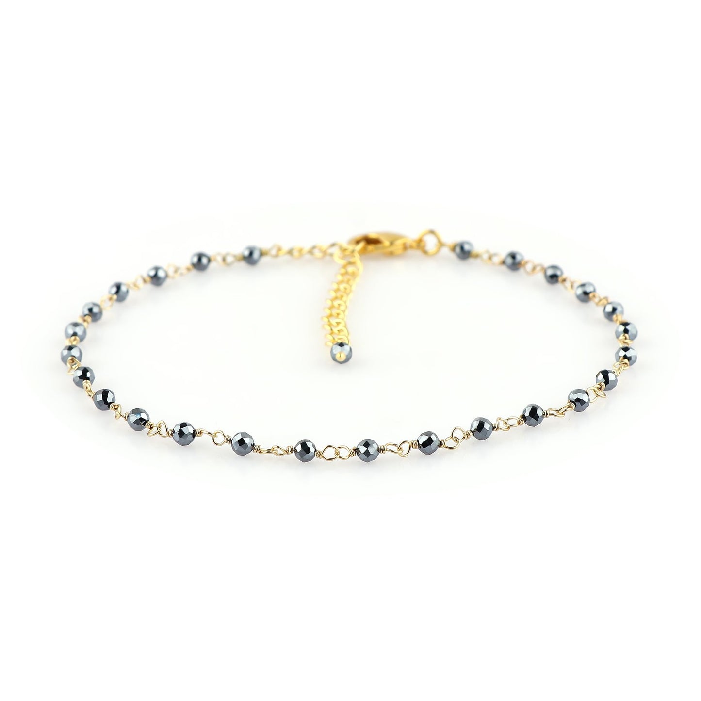 JOR Natural Hematite Beaded Rosary Anklet, Handmade Craft, Anklet Beads Bracelet, Chakra Healing Anklet, Gemstone Women Jewelry, Dainty Gold Plated Anklet 9 inch + 2 inch (1pcs)