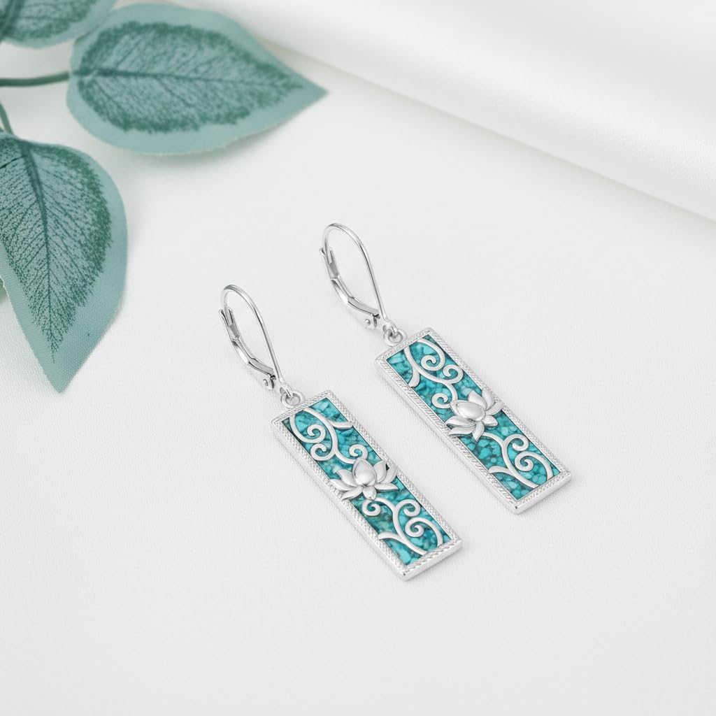 Lotus Earrings 18k White Gold Plated Lotus Filigree Turquoise Dangle Earrings Filigree Turquoise Jewelry Gift for Women Mom