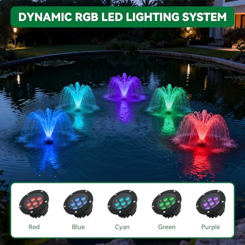 MEISHUNDA Pond Fountain Aerator,1HP 750W 110V Floating Pond Fountain Pump with Timer and 100FT Power Cord (4 LED Light, 1)
