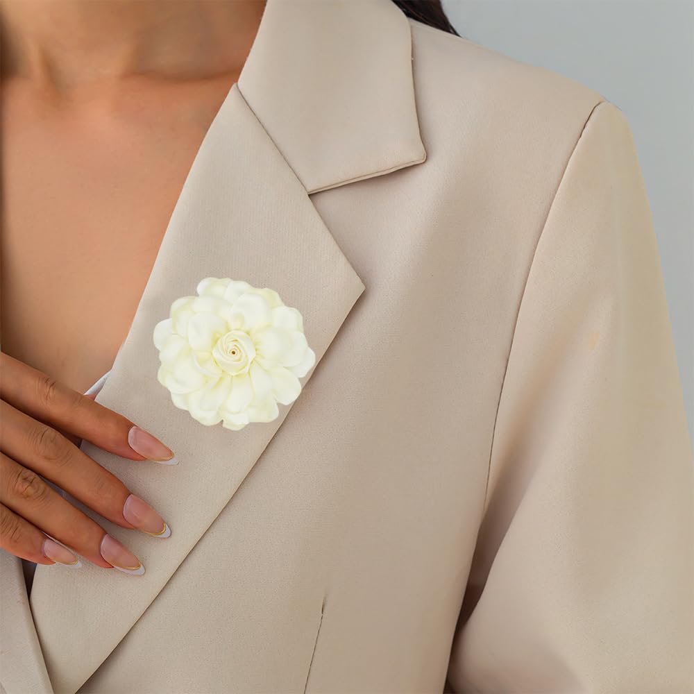 Elegant Large Cloth Flower Brooches Big Camellia Flower Pin for Women Dainty Cloth Fabric Rose Brooches Dress Skirt Scarf Hat Pins Clothing Decoration Accessories (Beige A)