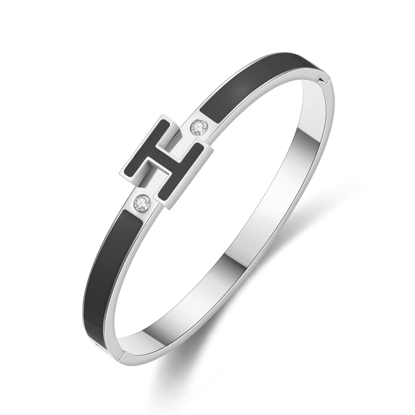 Hothink Gold Bracelets for Women, H Bangle Bracelet, Dainty 18K Gold Plated Stainless Steel Enamel Bracelet for Everyday, Work, Party, Stackable Gift for Mom, Wife, Girlfriend (Silver-Black)