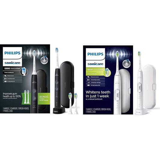 Philips Sonicare ProtectiveClean 5300 Rechargeable Electric Power Toothbrush, Black, HX6423/34 & ProtectiveClean 6100 Rechargeable Electric Power Toothbrush, White, HX6877/21