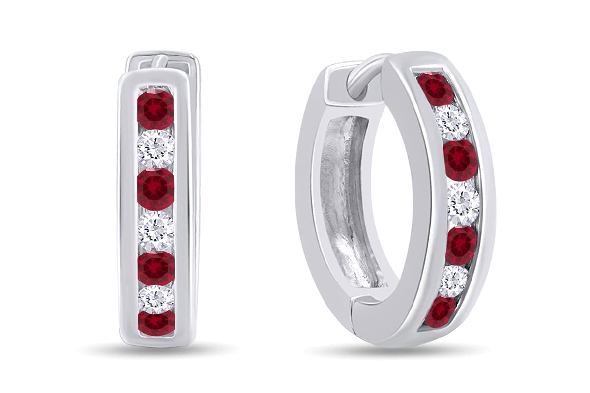 Huggie Earrings for Women, 14K White Gold Over Sterling Silver Hoop Earrings with Simulated Ruby and White Cubic Zirconia, Dainty Elegant Jewelry Gift