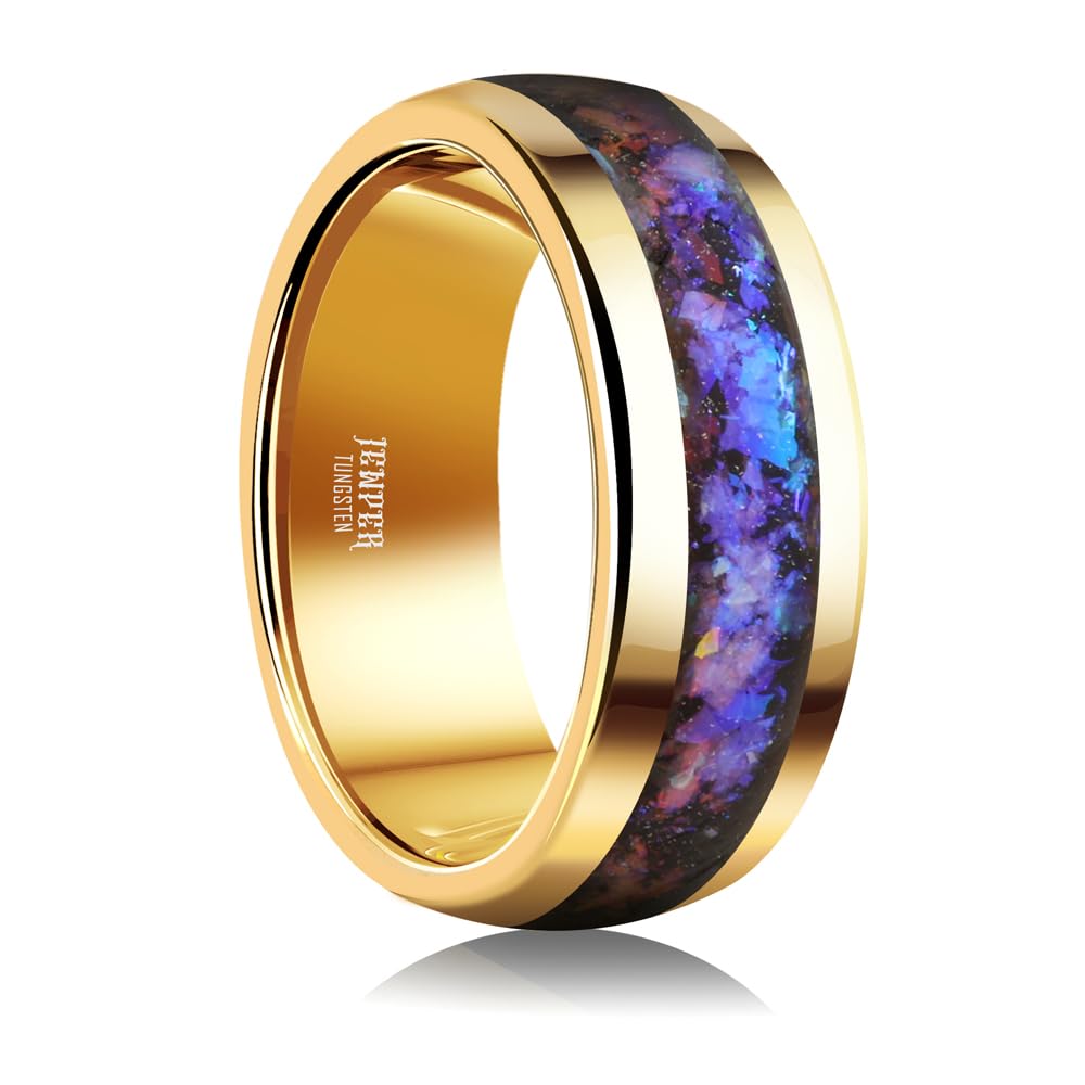 JEWPER 8mm Men Womens Wedding Band Tungsten Rings Gold Fashion Promise Carbide Inlaid Galaxy Sandstone Matte Finish Edge Comfort Fit Size(10)
