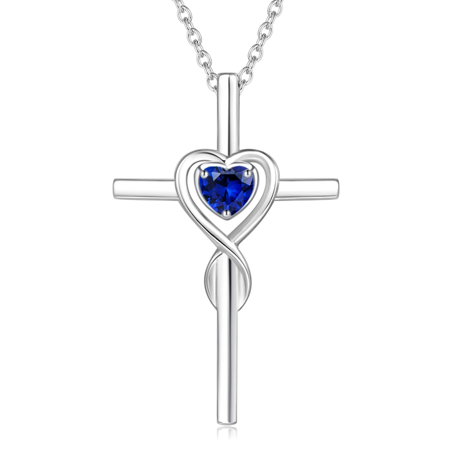 FANCIME Blue Sapphire Cross Necklace For Women Sterling Silver Birthstone Blue Sapphire Infinity Heart Cross Pendant September Birthstone Jewelry Gifts for Women