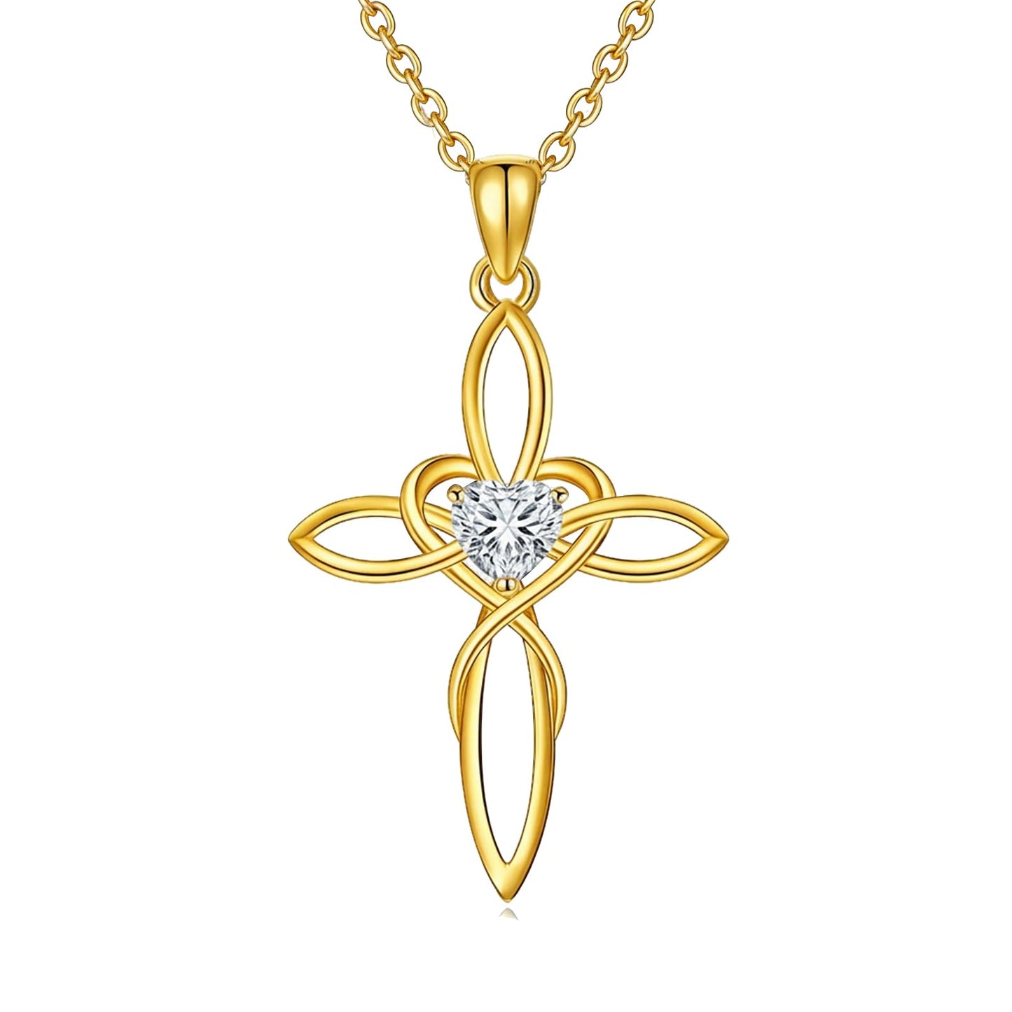POIUY Celtic Knot Cross Birthstone Necklace for Women Irish Infinity 14K Gold Heart Pendant Cross Jewelry Anniversary Valentines Birthday Mothers Day Gifts for Mom Wife Her