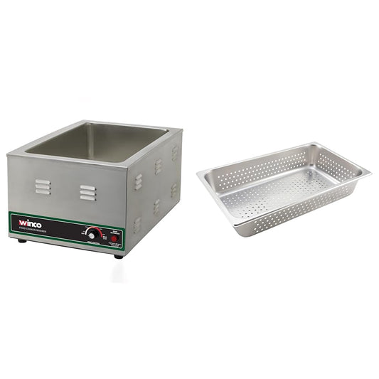 Winco 1500W Electric Food Cooker/Warmer with Full Size 4-Inch Perforated Pan, Stainless Steel