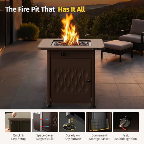 EAST OAK 28" Outdoor Propane Fire Pit Table | 52,000 BTU Gas Fire Pit Table for Outside with Magnetic Lid | Storage Basket & Lava Rocks | CSA Certified for Patio, Garden & Backyard | Black