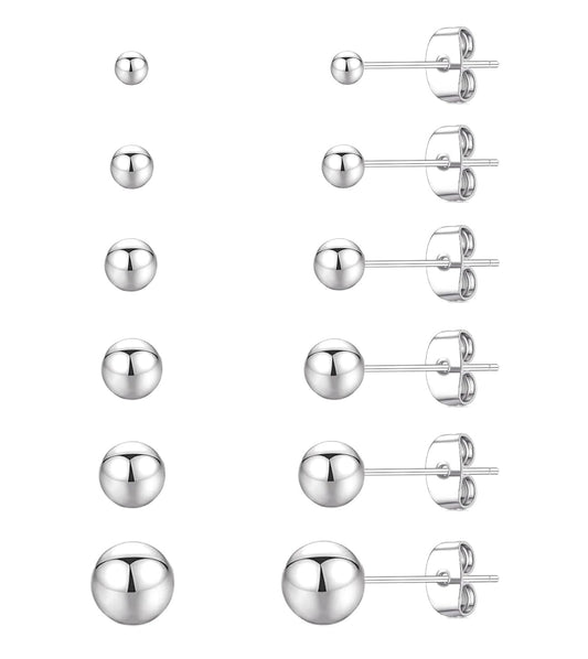 6 Pairs Stainless Steel Ball Stud Earrings Set for Women Men, Hypoallergenic Tiny Round Stud Earrings Multipack, 20G Small Silver Ball Earrings for Multiple Piercings Cartilage Earlobe, 2/3/4/5/6/8mm