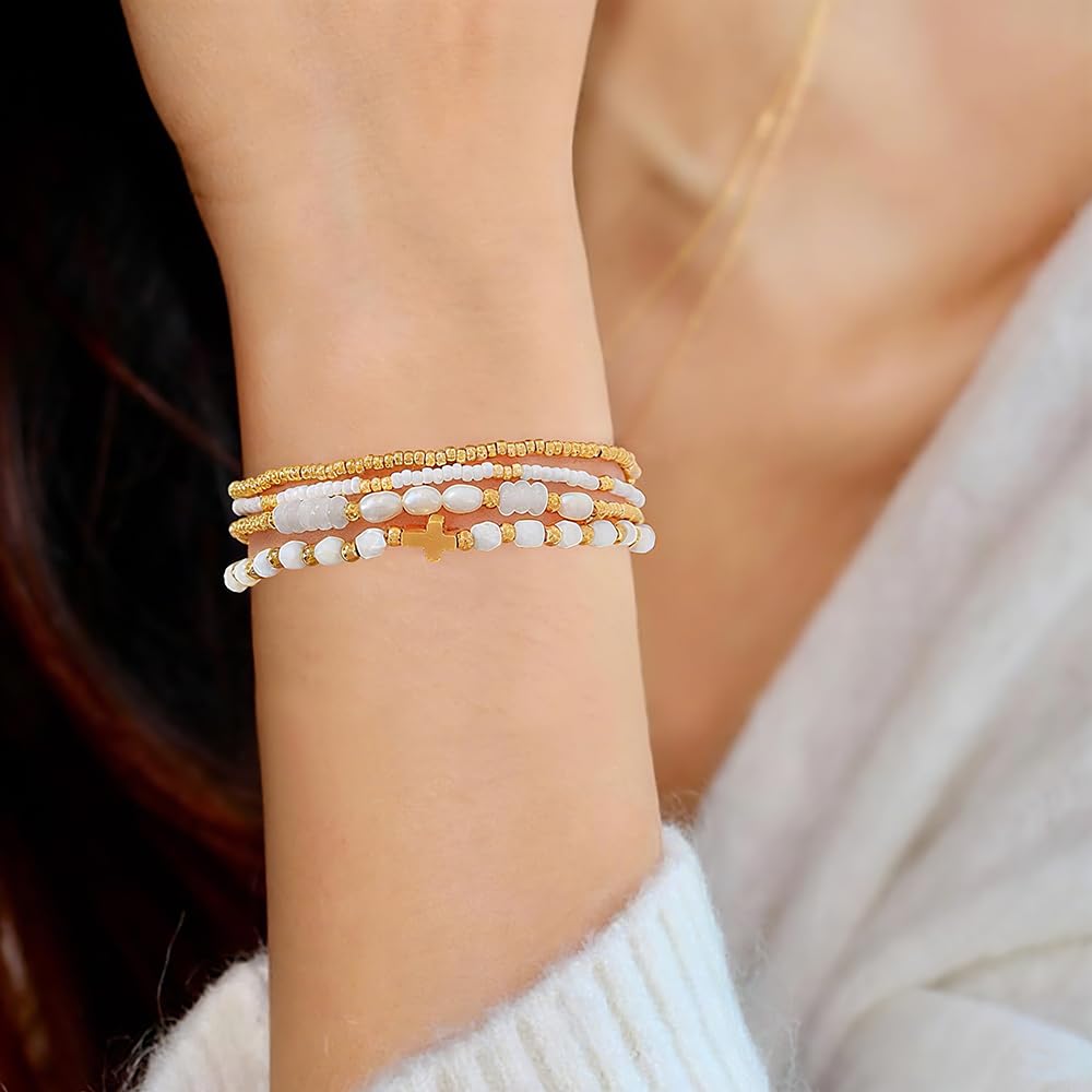 Bohxantium Gold Pearl Crystal Cross Bracelet for Women 14K Gold Plated Beads Pearl White Crystal Beaded Bracelet Stack Stretch Stackable Non Tarnish Trendy Jewelry Friendship Christian Gift for Women